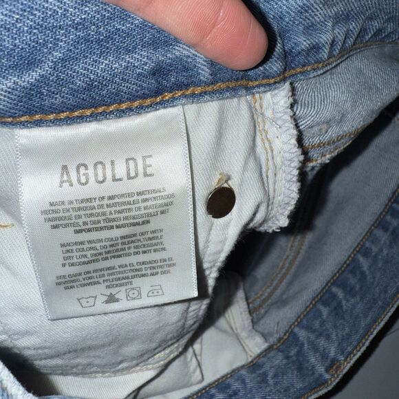 Agolde Denim Skirt 25 Blue Distressed Criss Cross Frayed Hem Organic Cotton - Picture 9 of 11